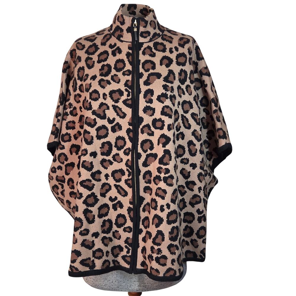 Tahari Animal Prit Full Zip Poncho Cap Style Sweater Size Small Medium